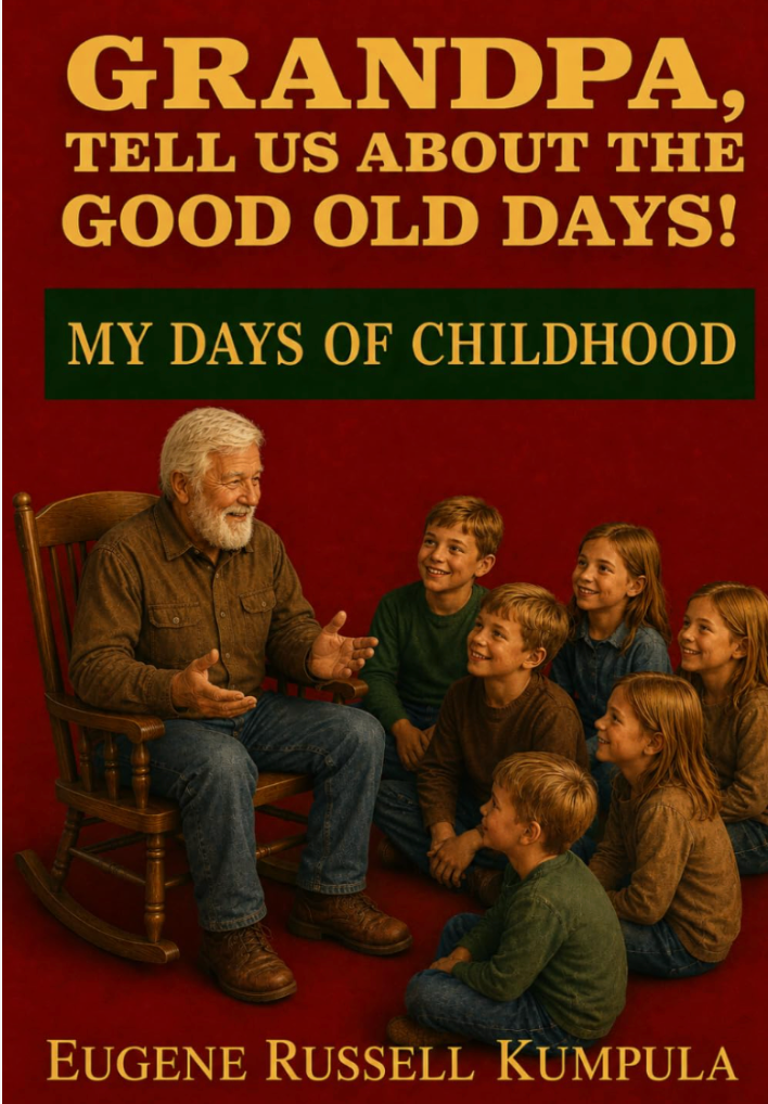Eugene sitting in his chair, telling stories of his childhood to his grandchildren.