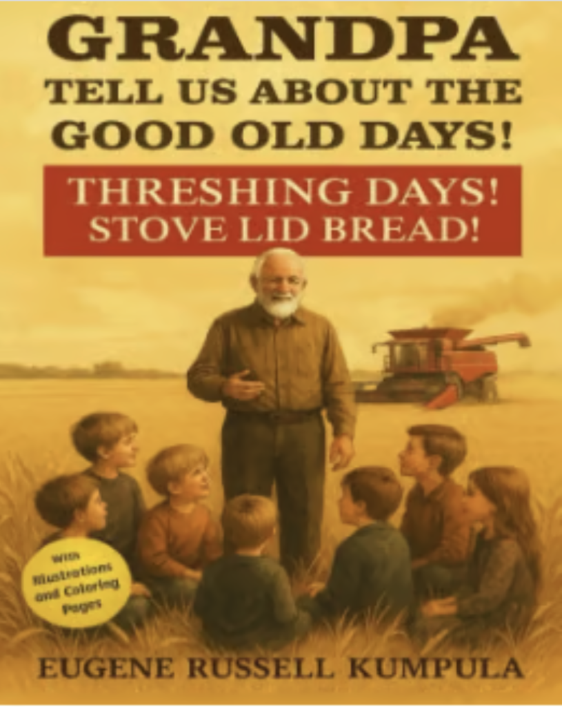 Eugene telling his grandchildren about Threshing Days in the field.