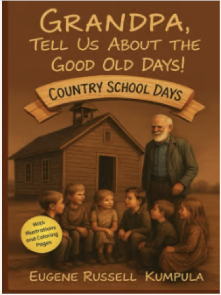Eugene telling stories of his childhood to his grandchildren, with a Country School in the background.